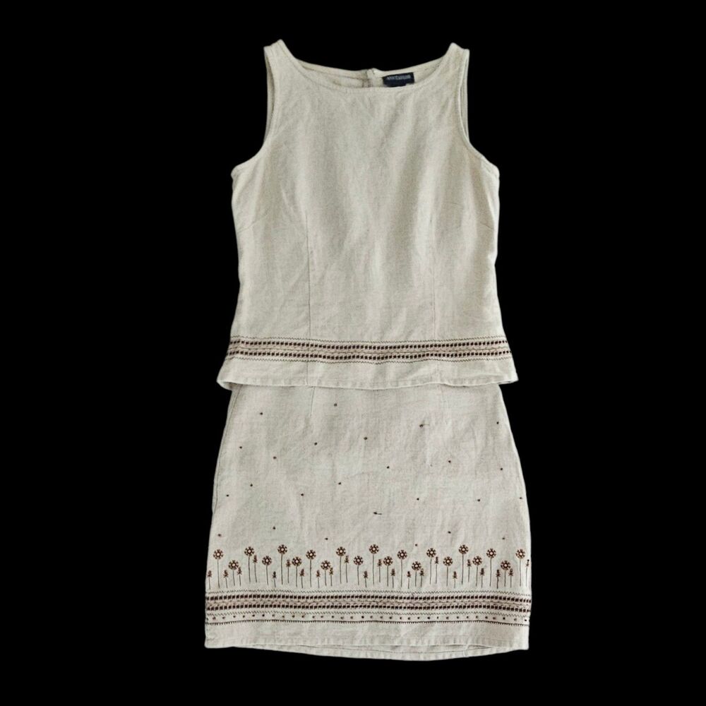 Vintage Ann Taylor Beige Linen Sleeveless Top Skirt Set Embroidered Size S